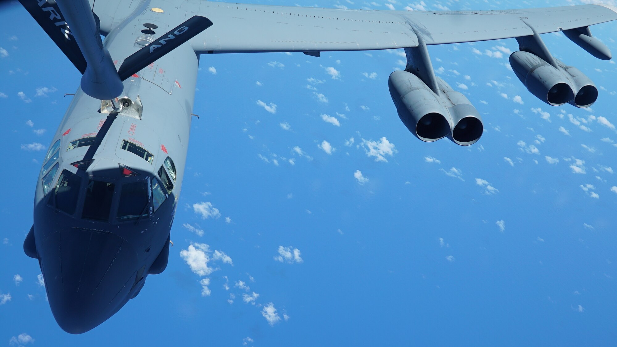 A U.S. Air Force B-52 Stratofortress assigned to the 2nd Bomb Wing, Barksdale Air Force Base, Louisiana, receives fuel from a U.S. Air Force KC-135 Stratotanker assigned to the 506th Expeditionary Air Refueling Squadron during a Bomber Task Force mission over the Philippine Sea, April 26, 2023. Air-to-air refueling capabilities are a key logistical enabler of U.S., allied, and partner nations’ aircraft, protecting prosperity, peace, and stability across the Pacific. (U.S. Air Force Photo by Capt. Katie Mueller)