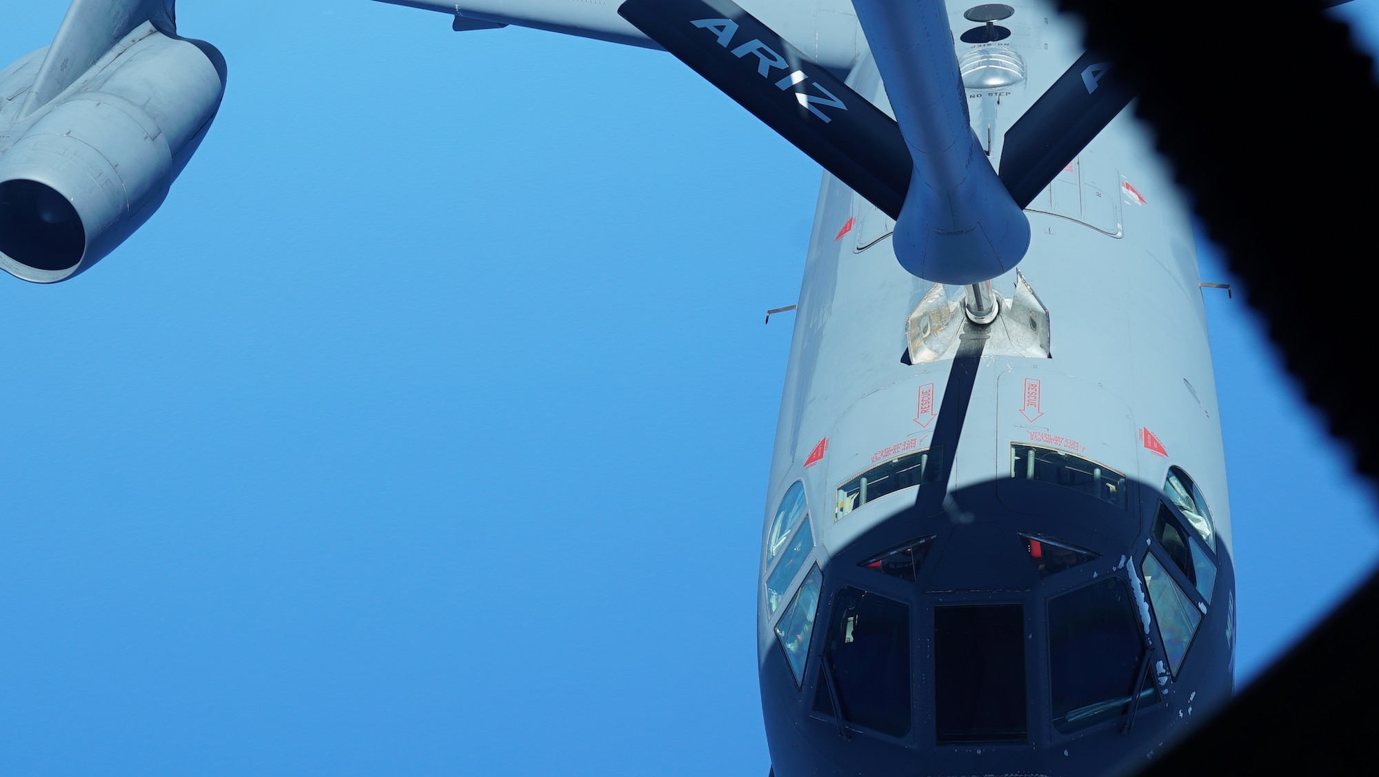 A U.S. Air Force B-52 Stratofortress assigned to the 2nd Bomb Wing, Barksdale Air Force Base, Louisiana, receives fuel from a U.S. Air Force KC-135 Stratotanker assigned to the 506th Expeditionary Air Refueling Squadron during a Bomber Task Force mission over the Philippine Sea, April 26, 2023. Air-to-air refueling capabilities are a key logistical enabler of U.S., allied, and partner nations’ aircraft, protecting prosperity, peace, and stability across the Pacific. (U.S. Air Force Photo by Capt. Katie Mueller)