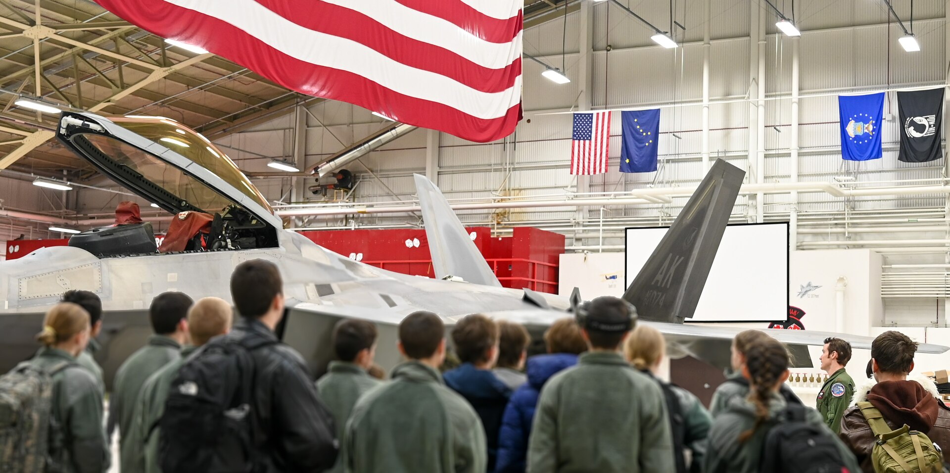Maj. Cody Vandegriff, 302d Fighter Squadron F-22 Pilot gives  the Alaska Civil Air Patrol a F-22 Tour.