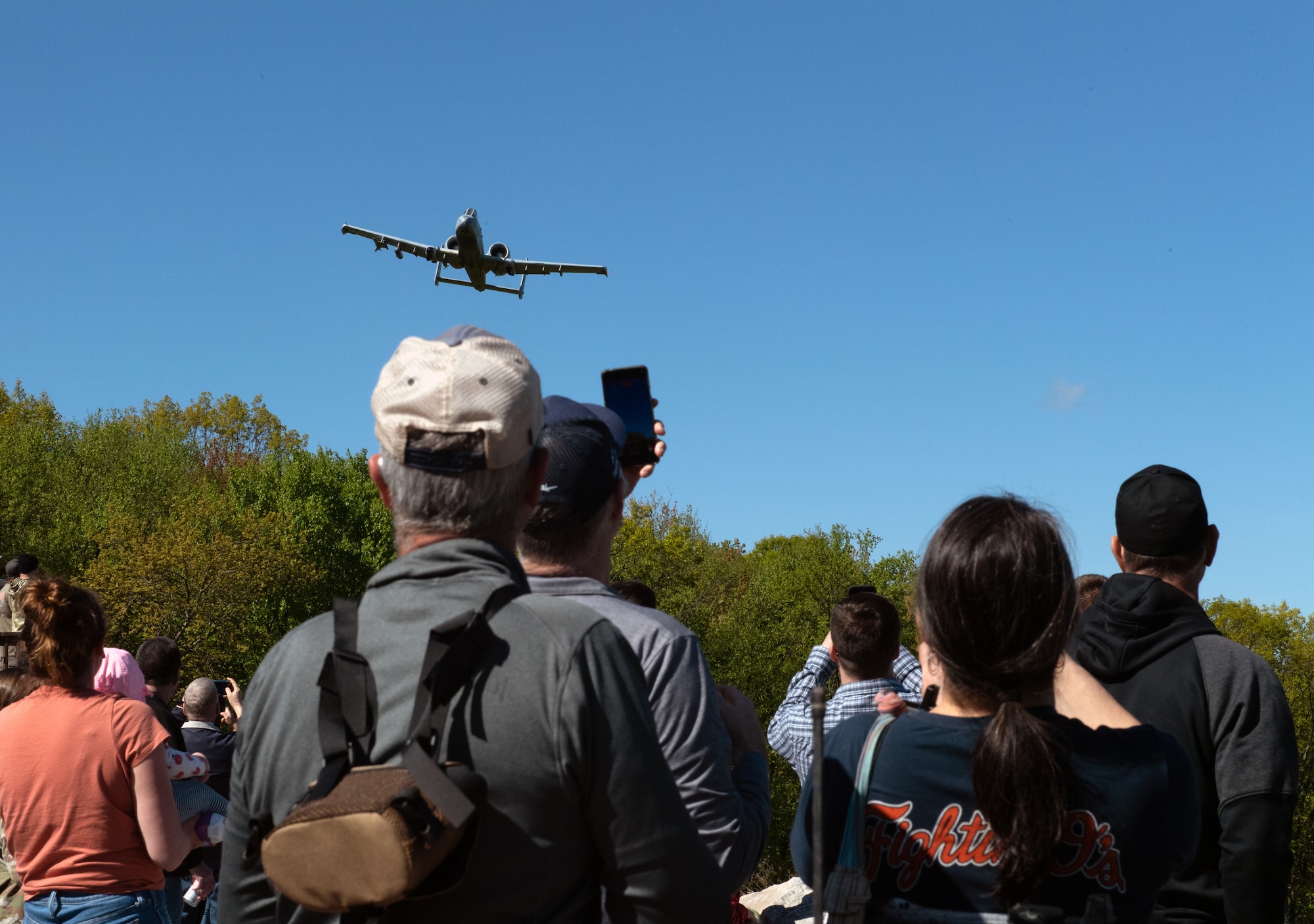 Families of 175th Wing Airmen observe A-10C Thunderbolt II aircraft assigned to the 104th Fighter Squadron conduct training exercises May 6, 2023, at Fort Indiantown Gap, Pennsylvania.