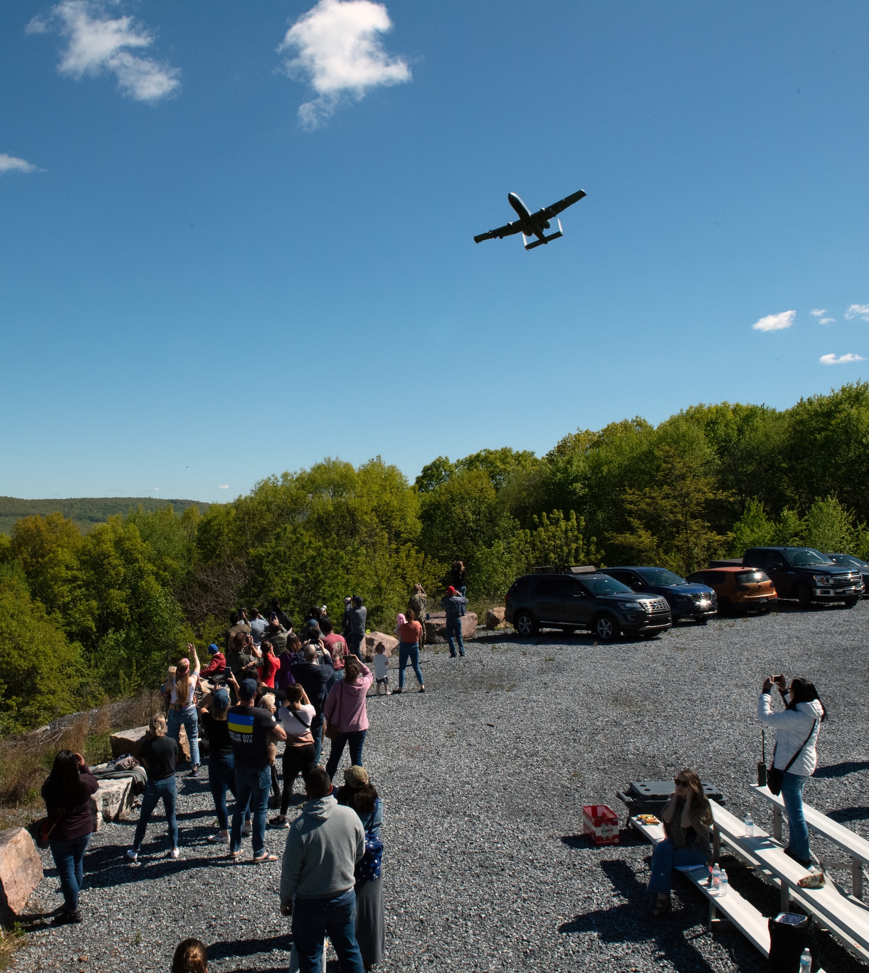 Families of 175th Wing Airmen observe A-10C Thunderbolt II aircraft assigned to the 104th Fighter Squadron conduct training exercises May 6, 2023, at Fort Indiantown Gap, Pennsylvania.