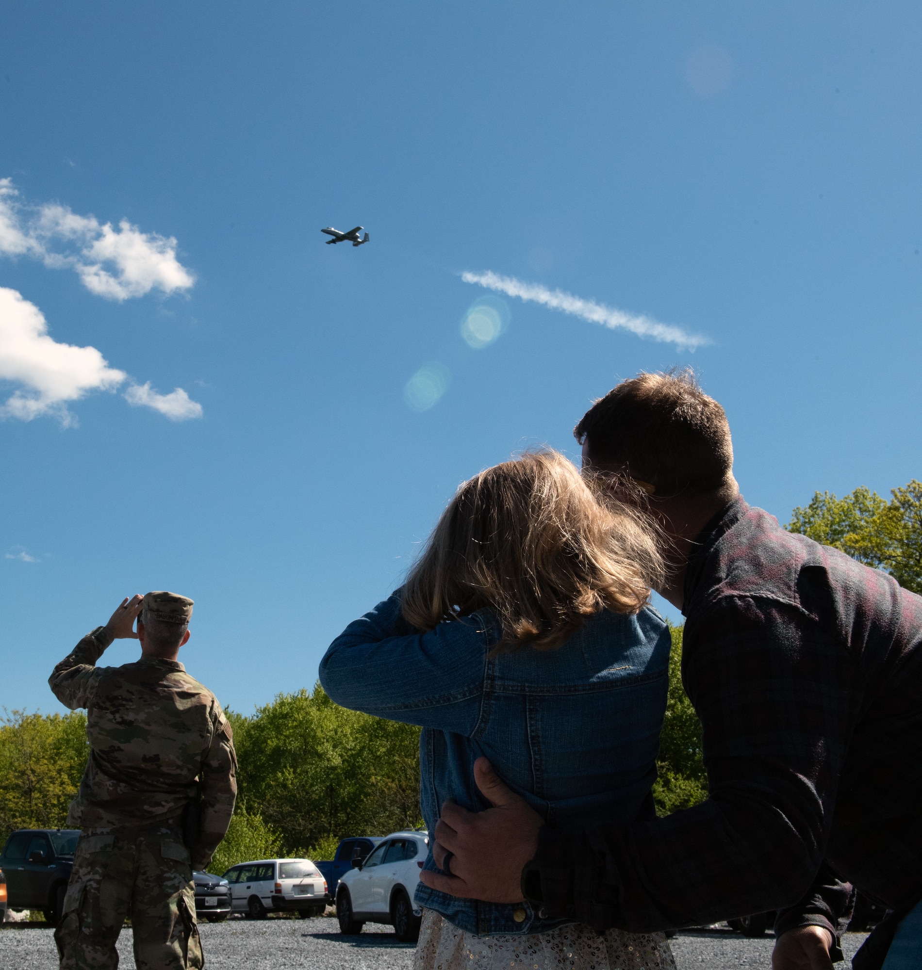 Families of 175th Wing Airmen observe A-10C Thunderbolt II aircraft assigned to the 104th Fighter Squadron conduct training exercises May 6, 2023, at Fort Indiantown Gap, Pennsylvania.