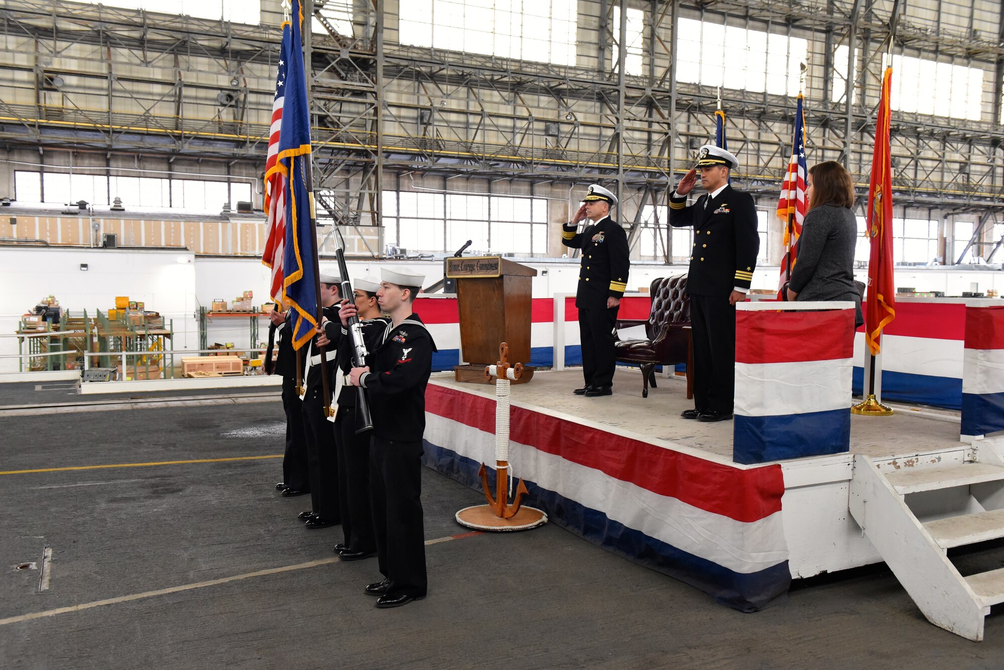 Rear Adm. John Lemmon, Program Executive Officer, Tactical Aircraft Programs (left) presided over the retirement ceremony of Naval Air Warfare Center Aircraft Division Lakehurst Officer-in-Charge Cmdr. Walter “Yazzi” Reynolds.