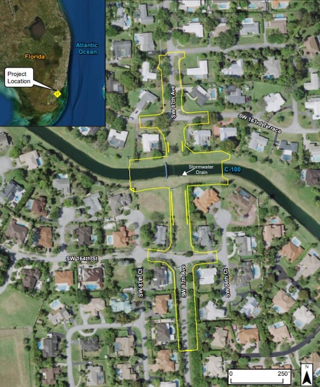 A map of the proposed project area for the SW 87th Avenue Bridge. The project area is in a residential neighborhood in Palmetto Bay and includes SW 87th Avenue which is bisected by the C-100 Canal in Miami-Dade County.