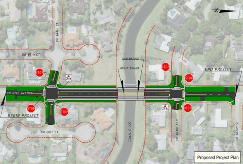 A map of the roads and bridges for the proposed SW 87th Bridge Project in Palmetto Bay, Miami-Dade County. Roads are proposed to be expanded along SW 87th Avenue from SW 86th Court to SW 163rd Terrace. A bridge is proposed be constructed over the C-100 Canal.