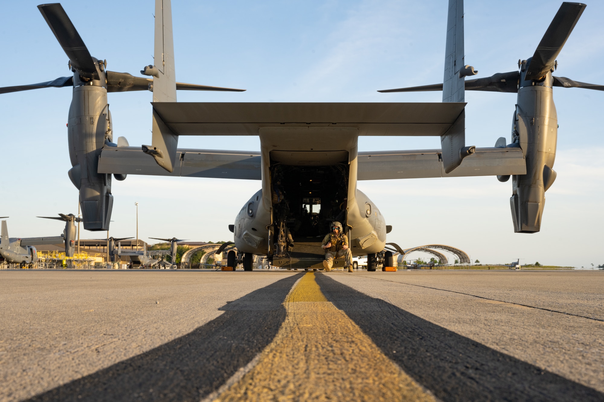 A U.S. Air Force CV-22 Osprey waits for takeoff at Hurlburt Field, Fla., May 4, 2023.