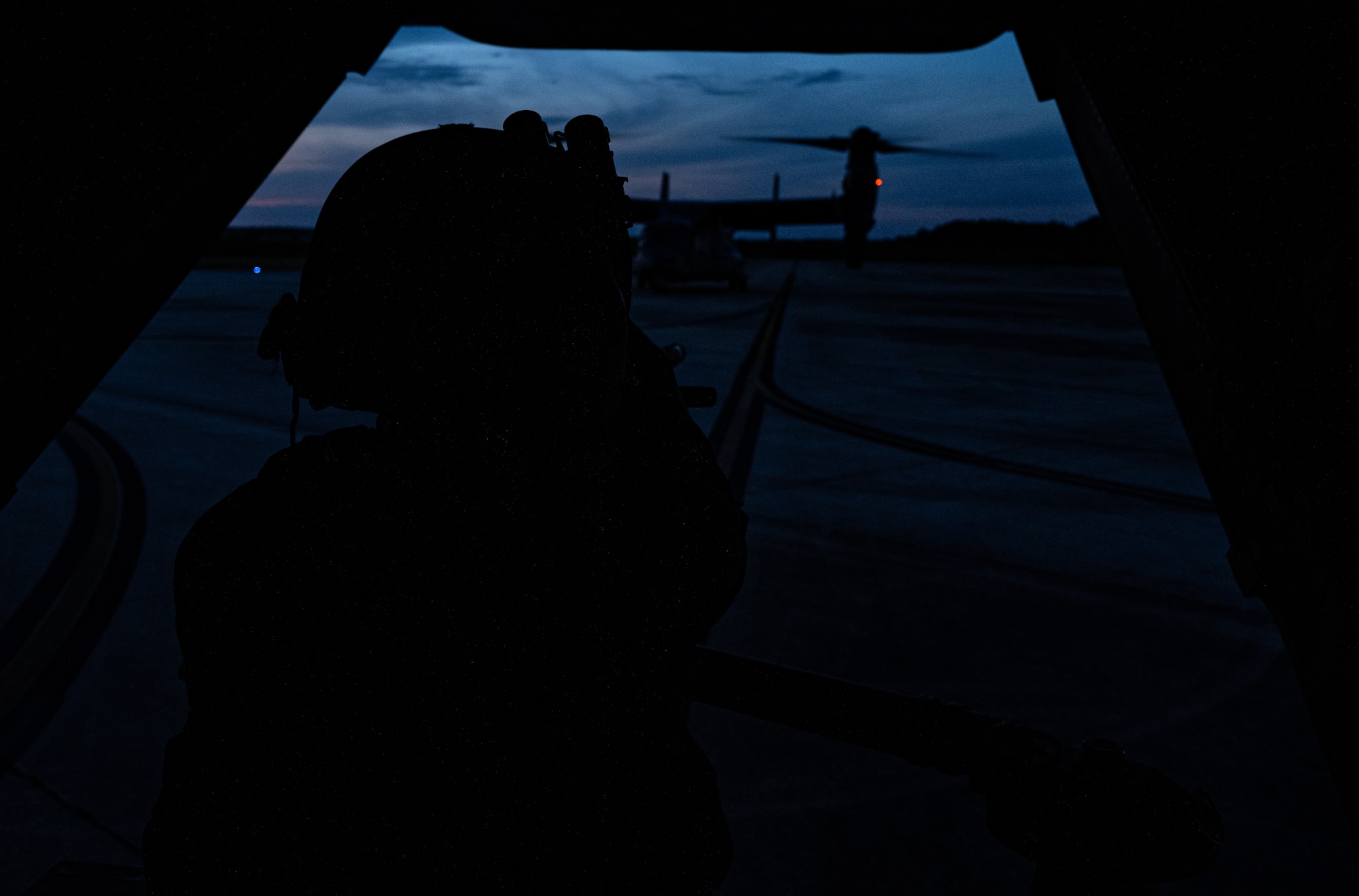 U.S. Air Force Tech. Sgt. Malachi Pinedo, an 8th Special Operations Squadron special missions aviator, sits during takeoff in a CV-22 Osprey at Hurlburt Field, Fla., May 4, 2023.