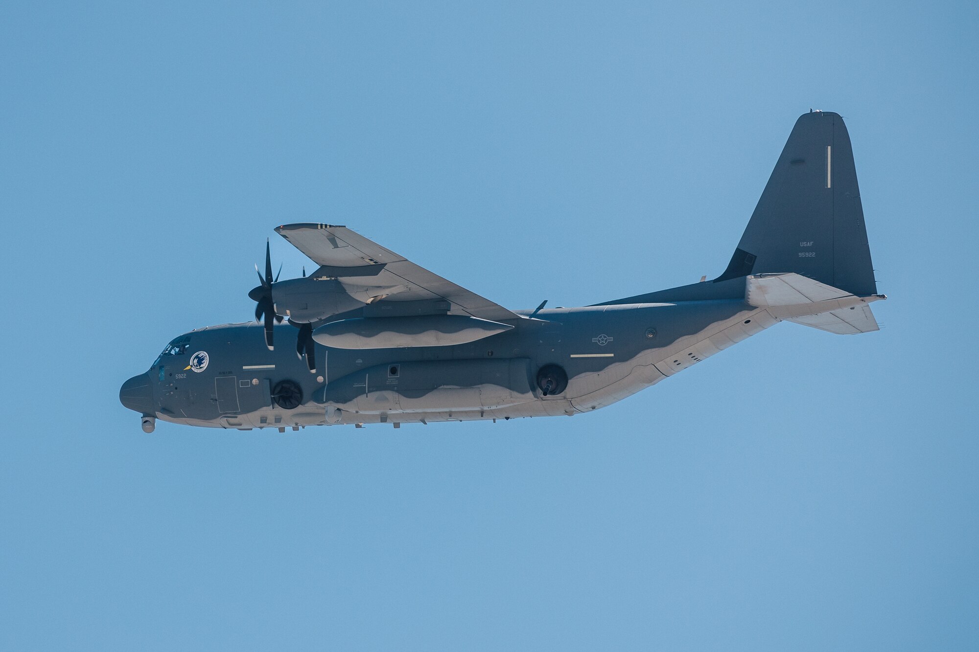 An AC-130J Ghostrider aircraft in the air at the U.S. Air Force Academy, Colorado on May 5, 2023.