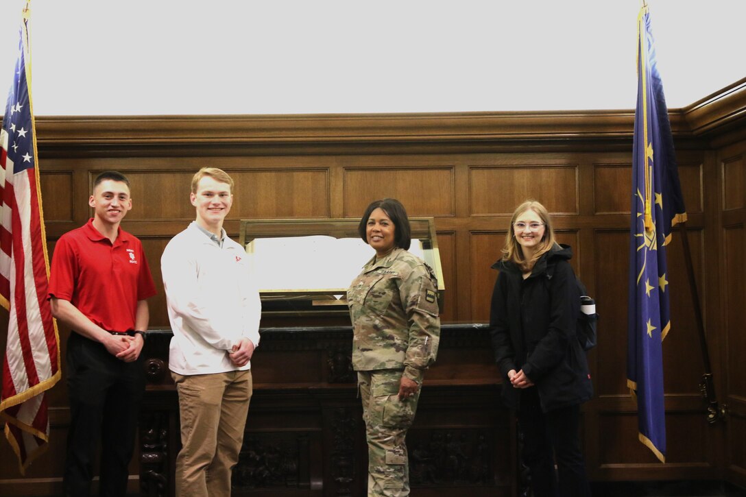 Senior cadets showed Brig. Gen. Wallace the Golden Book which holds the names of thousands of IU men and women who served in the United States Military. Brig. Gen. Patricia Wallace, Commanding General of the 80th Training Command The Army School System (TASS), was invited to return to her alma mater Indiana University, as the guest speaker for the ROTC awards ceremony.