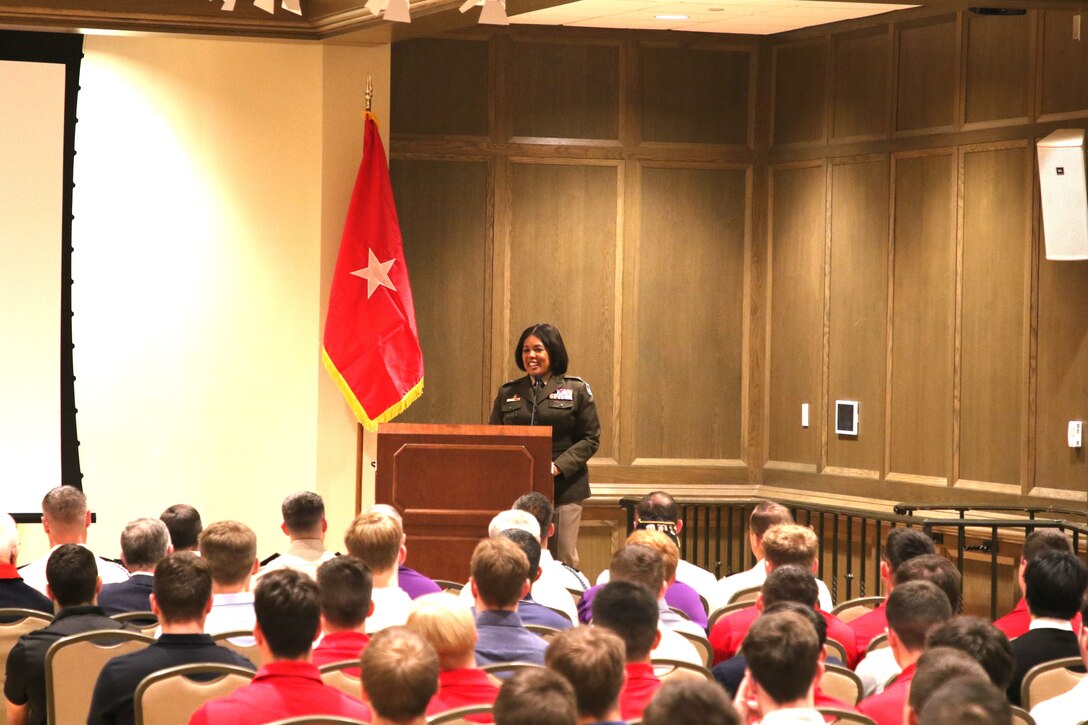 Brig. Gen Patricia Wallace spoke to the Indiana University ROTC cadets about taking every opportunity they are presented and turning it into a positive one. Brig. Gen. Patricia Wallace, Commanding General of the 80th Training Command The Army School System (TASS), was invited to return to her alma mater Indiana University, as the guest speaker for the ROTC awards ceremony.