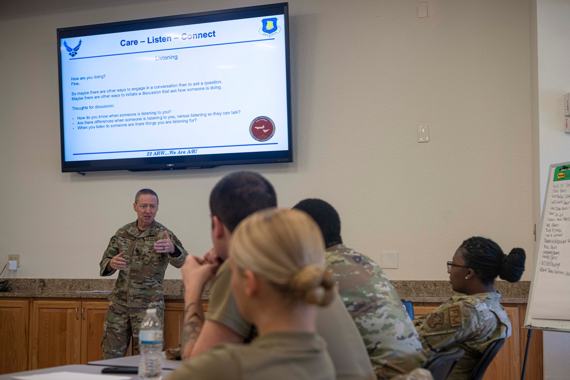 Chaplain (Capt.) Jacob Wilde, 22nd Air Refueling Wing Chaplain, briefs the first class of Airman participating in the Peer-to-Peer initiative at McConnell Air Force Base, Kansas, May 1, 2023. The Peer-to-Peer initiative aims to establish close-knit bonds among a small group of Airman facilitating genuine conversations and exploring the full range of resources that the installation agencies have to offer. (U.S. Air Force photo by Airman Gavin Hameed)