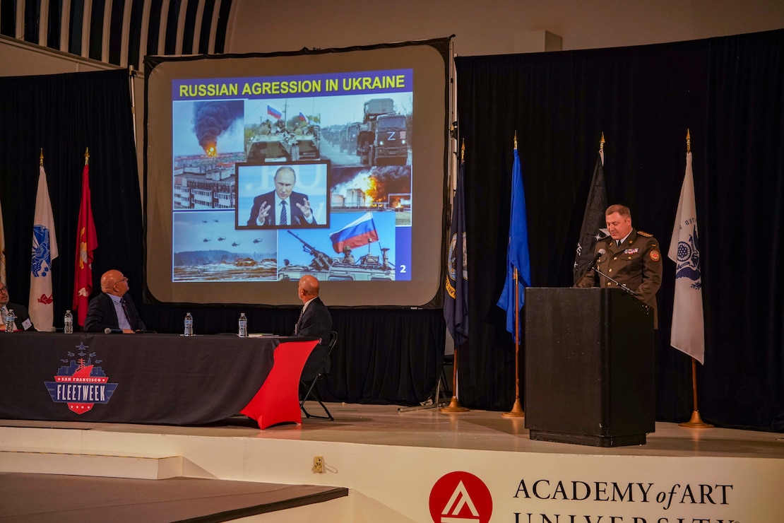 Col. Serhii Korol, right, head of the Department of Military Surgery of the Ukrainian Military Medical Academy, from Kyiv, Ukraine, speaks at the peer-to-peer medical exchange as part of San Francisco Fleet Week (SFFW) 2022, Oct. 5, 2022.