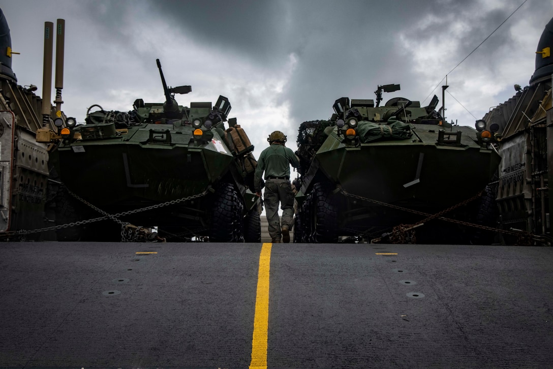 U.S. Marines with the 26th Marine Expeditionary Unit, conducts a beach landing and assault during Amphibious Ready Group/MEU Exercise at Camp Lejeune, North Carolina, April 30, 2023. Practicing beach landings and assaults develops the MEU’s capability to insert into uncertain and permissive environments while effectively being able to operate and capture points of interests efficiently. Expeditionary Operations Training Group organized ARGMEUEX as part of the 26th MEU’s third phase of the pre-deployment training to ensure their Marines and Sailors, in partnership with their Navy teammates, are ready to serve as a formidable deterrent capable of performing missions across a full range of military operations from the sea.