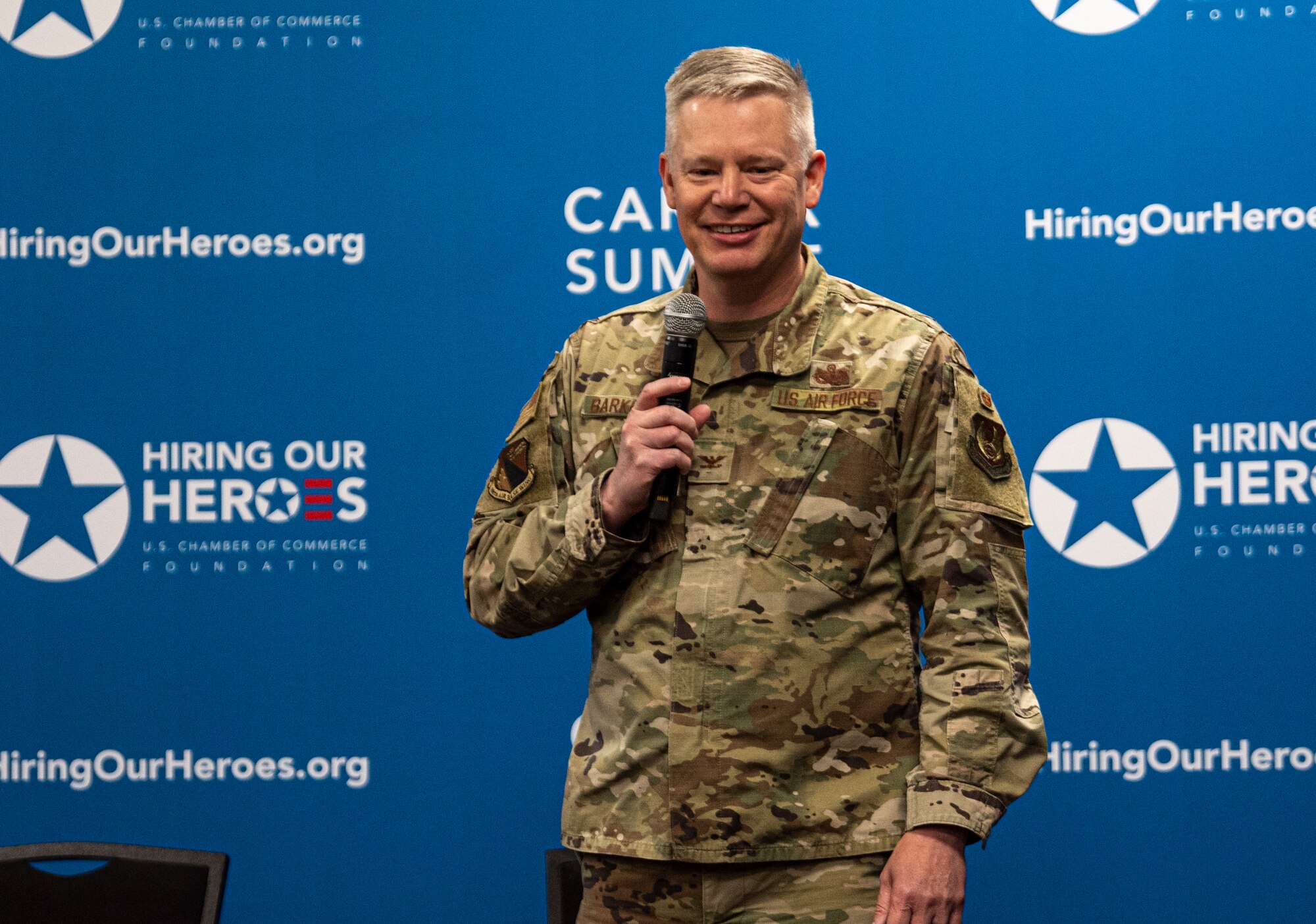 Col. Charles Barkhurst gives remarks during the Hiring Our Heroes Job Fair April 27, 2023, at the Hope Hotel & Richard C. Holbrooke Conference Center, Wright-Patterson Air Force Base, Ohio. The U.S. Chamber of Commerce Foundation’s annual hiring event helps transitioning service members, veterans and military spouses find employment. (U.S. Air Force photo by Airman 1st Class Elizabeth Figueroa)