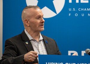Retired Army Command Sgt. Maj. John Wayne Troxell, former senior enlisted advisor to the Chairman of the Joint Chiefs of Staff, address those present during the Hiring Our Heroes Job Fair April 27, 2023, at the Hope Hotel & Richard C. Holbrooke Conference Center, Wright-Patterson Air Force Base, Ohio. The U.S. Chamber of Commerce Foundation’s annual hiring event helps transitioning service members, veterans and military spouses find employment. (U.S. Air Force photo by Airman 1st Class Elizabeth Figueroa)
