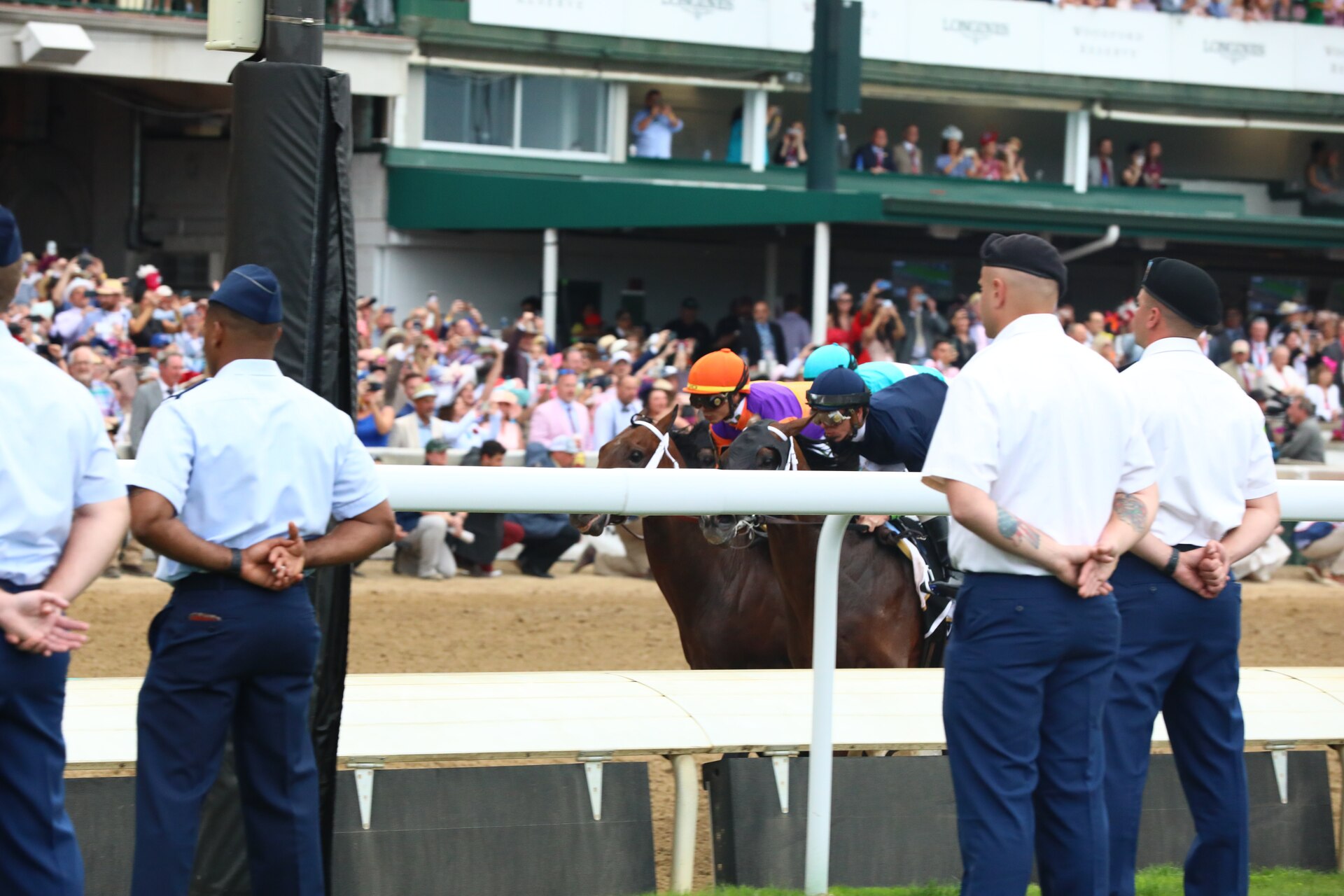 Guardsmen from the Kentucky Army and Air National Guard stand at parade rest during the Kentucky Derby race at Churchill Downs in Louisville, Kentucky on May 6, 2023.