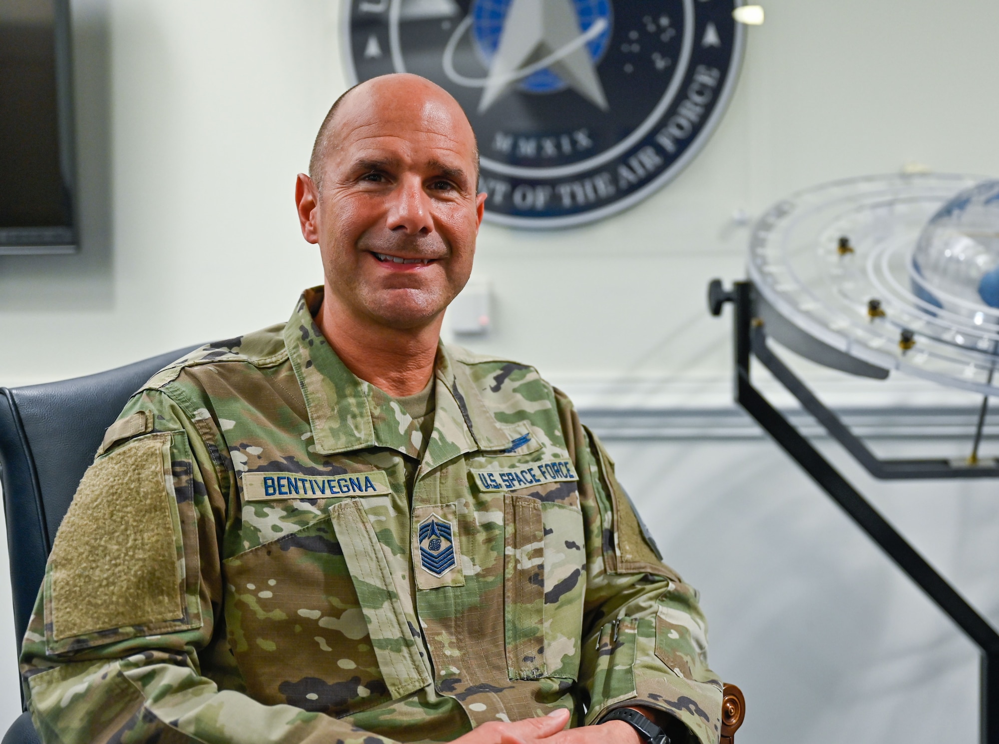 Chief Master Sgt. John F. Bentivegna poses for a photo after receiving news on his selection as the next Chief Master Sergeant of the Space Force, Pentagon, Arlington, Va., May 5, 2023. (U.S. Space Force photo by Senior Master Sgt. Sara Keller)