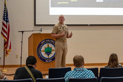 Joint Task Force-Red Hill (JTF-RH) commander, U.S. Navy Vice Adm. John Wade, speaks to local media during a press conference held at Joint Base Pearl Harbor-Hickam, Hawaii, May 5, 2023. JTF-RH announced the findings from the investigation of the Nov. 29 Aqueous Film Forming Foam (AFFF) concentrate release at the Red Hill Bulk Fuel Storage Facility today and published video footage of the incident and a fact sheet. “I ordered this investigation to determine what caused the accidental release of AFFF concentrate and to reduce the risk of a future mishap,” said JTF-RH commander Vice Adm. John Wade. “A focused investigation allowed us to effectively determine how and why the release occurred. We used this information to immediately implement risk reduction measures across the entire facility and to notify the Department of Defense of actions that can be taken to further reduce risk in areas outside the purview of JTF-RH. The safe and expeditious defueling of Red Hill remains our top priority to protect the people and environment of Hawaii.” (U.S. Navy photo by Mass Communication Specialist 2nd Class James Finney)