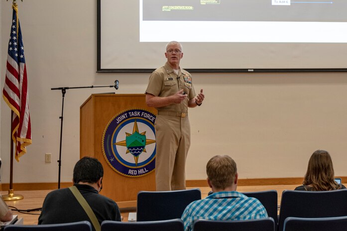 Joint Task Force-Red Hill (JTF-RH) commander, U.S. Navy Vice Adm. John Wade, speaks to local media during a press conference held at Joint Base Pearl Harbor-Hickam, Hawaii, May 5, 2023. JTF-RH announced the findings from the investigation of the Nov. 29 Aqueous Film Forming Foam (AFFF) concentrate release at the Red Hill Bulk Fuel Storage Facility today and published video footage of the incident and a fact sheet. “I ordered this investigation to determine what caused the accidental release of AFFF concentrate and to reduce the risk of a future mishap,” said JTF-RH commander Vice Adm. John Wade. “A focused investigation allowed us to effectively determine how and why the release occurred. We used this information to immediately implement risk reduction measures across the entire facility and to notify the Department of Defense of actions that can be taken to further reduce risk in areas outside the purview of JTF-RH. The safe and expeditious defueling of Red Hill remains our top priority to protect the people and environment of Hawaii.” (U.S. Navy photo by Mass Communication Specialist 2nd Class James Finney)