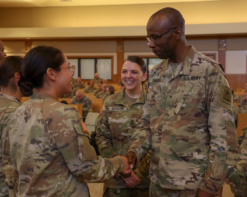 Chaplain (Brig. Gen.) William “Bill” Green Jr., U.S. Army deputy chief of chaplains, and Sgt. Maj. Meaghan E. Bicklein, acting U.S. Army Chaplain Corps regimental sergeant major, visited U.S. Army Pacific religious support personnel at Marine Corps Base Hawaii Chapel in Kaneohe, Hawaii, May 1-3. (U.S. Army photo by Mary A. Andom)