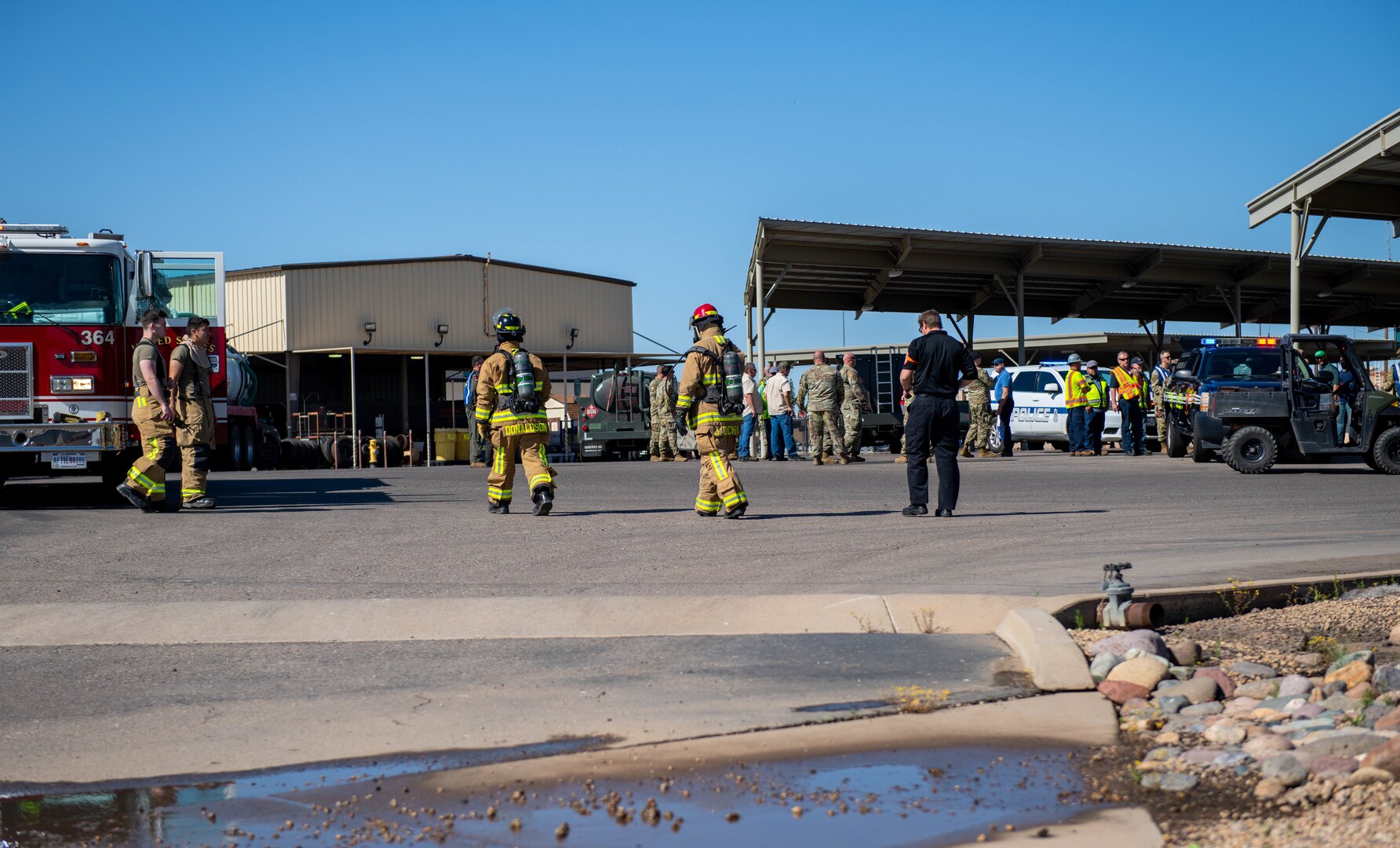 Members of the 56th Fighter Wing base response agencies participate in a Defense Logistics Agency fuel spill exercise May 4, 2023, at Luke Air Force Base, Arizona.