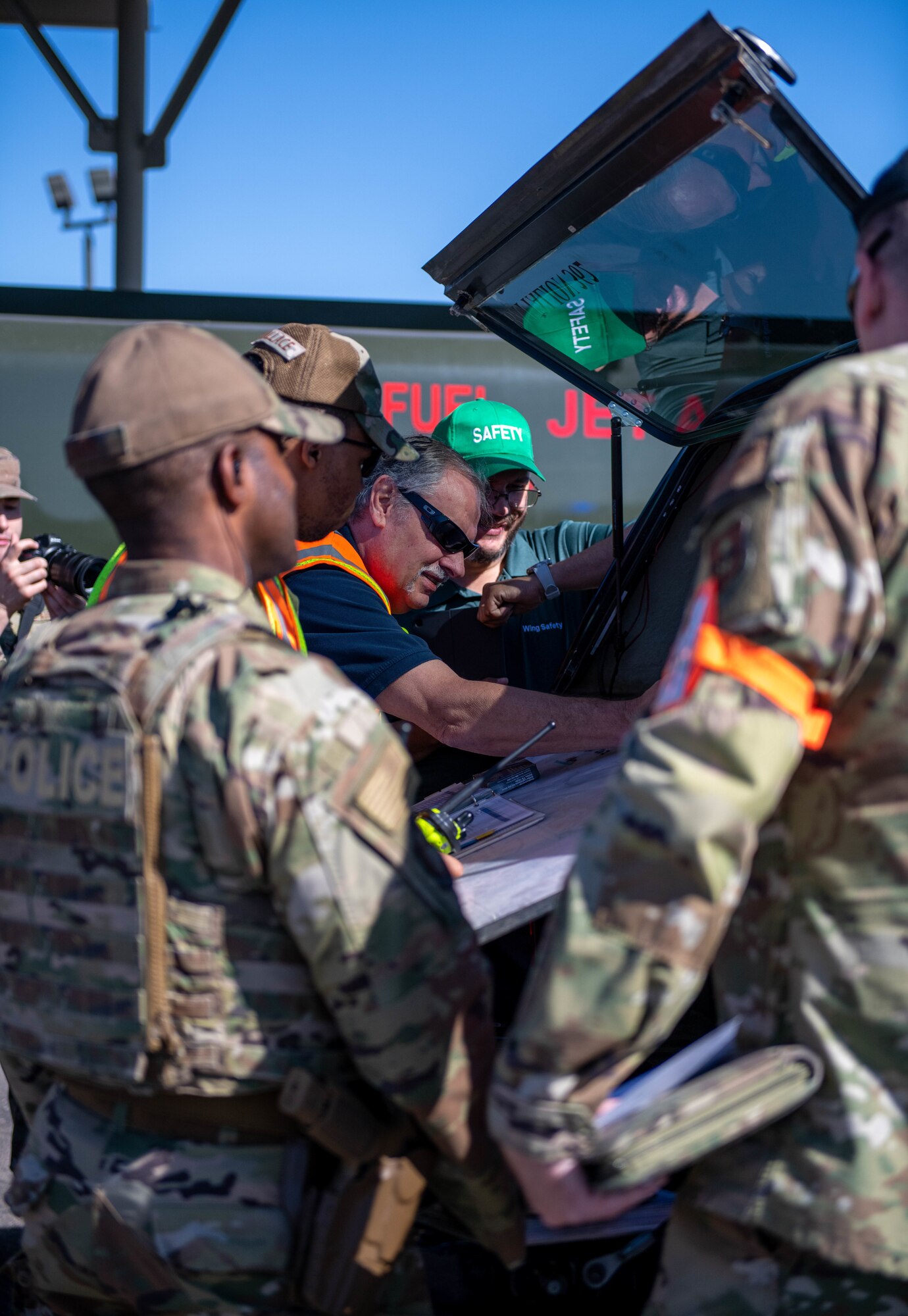 Members of the 56th Fighter Wing base response agencies participate in a Defense Logistics Agency fuel spill exercise May 4, 2023, at Luke Air Force Base, Arizona.