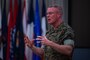 U.S. Marine Corps Master Gunnery Sgt. Scott H. Stalker, U.S. Space Command (USPACECOM) command senior enlisted leader, briefs members of the 9th Combat Operations Squadron (9 COS) at Space Delta 1’s auditorium on Vandenberg Space Force Base, Calif., May 6, 2023. Stalker gave a mission brief of USSPACECOM and how the 9 COS plays a vital role in space operations. The 9 COS is an Air Force Reserve Command space operations unit and is the Reserve Associate unit to Space Delta 5, which augments intelligence, planning and operations at the Combined Space Operations Center. (U.S. Space Force photo by Tech. Sgt. Luke Kitterman)