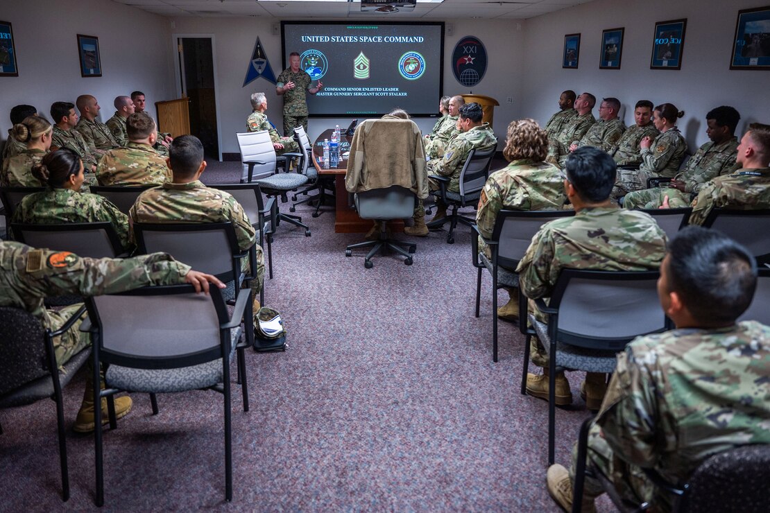 U.S. Marine Corps Master Gunnery Sgt. Scott H. Stalker, U.S. Space Command (USPACECOM) command senior enlisted leader, gives a USSPACECOM mission brief to 148th Space Operations Squadron members at the Vandenberg Tracking Station on Vandenberg Space Force Base, Calif., May 6, 2023. The 148 SOPS is an Air National Guard satellite control unit which operates the Air Force’s MILSATCOM systems providing the warfighter with communication capabilities. In time of emergency, by order of the Governor of California, the 148 SOPS can also provide military support to civil authorities to the California Joint Force Headquarters Operations Center (Command and Control) and Joint Incident Site Communications Capability for cyberspace. (U.S. Space Force photo by Tech. Sgt. Luke Kitterman)
