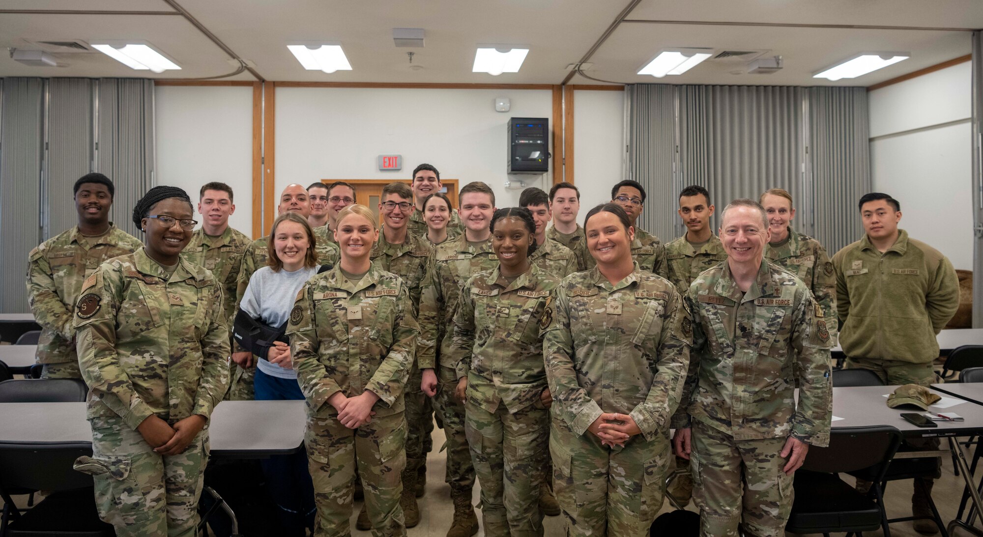 A group photo of the first Peer-to-Peer counselors May 1, 2023 at McConnell Air Force Base, Kansas. The Peer-to-Peer initiative is targeted towards junior enlisted airmen between the ranks of E-1 to E-4 and consists of a two-day training course where Airmen have the opportunity to interact with various helping agencies, including the chapel, Military and Family Life Counselor (MFLC), Sexual Assault Response Coordinator (SARC), Equal Opportunity (EO), Mental Health and the Integrated Resiliency Office. (U.S. Air Force photo by Airman Gavin Hameed)