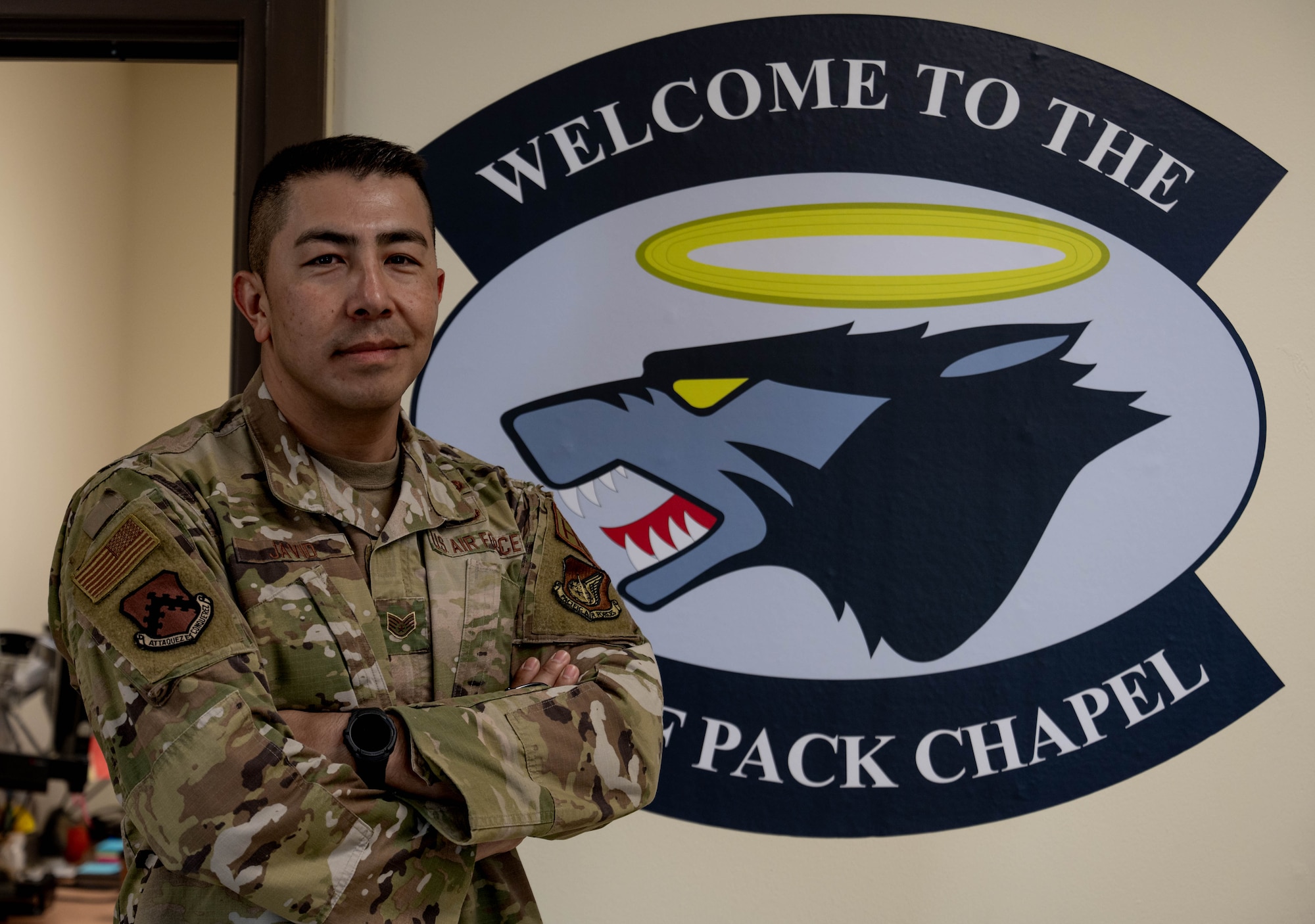 Staff Sgt. Javad Javid, 8th Fighter Wing chapel, NCO in charge of chapel readiness, poses for a photo at Kunsan Air Base, Republic of Korea, May 4, 2023. Javid was recently recognized as Pride of the Pack for the week of May 1-5. POTP recognizes outstanding performers for their recent contributions to the Wolf Pack mission. (U.S. Air Force photo by Senior Airman Shannon Braaten)