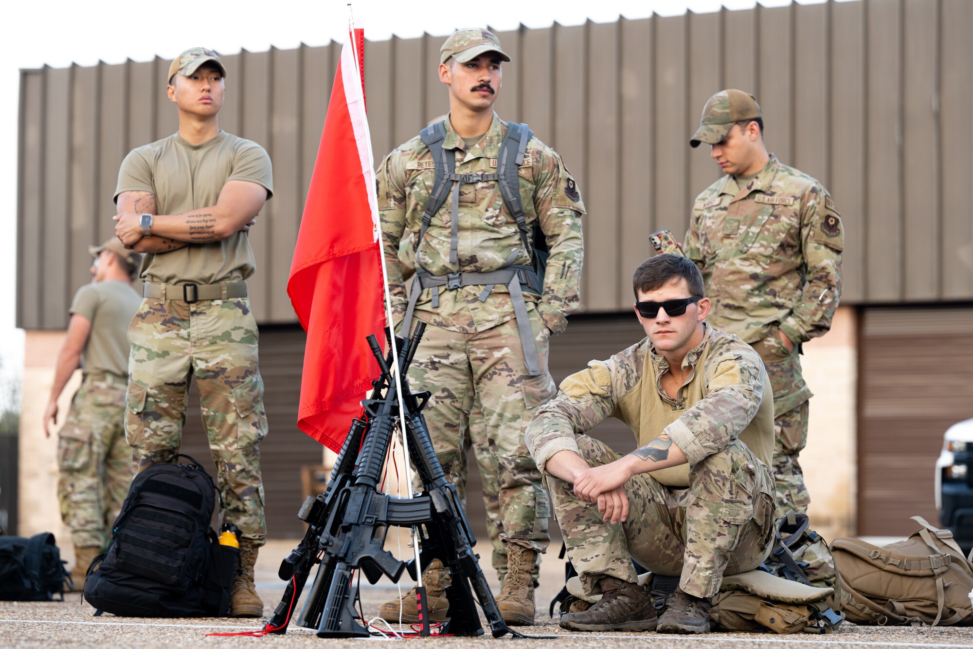 U.S. Air Force Airmen assigned to the 1st Special Operation Civil Engineer Squadron, wait to begin a ruck march at Hurlburt Field, Fla., April 28, 2023.