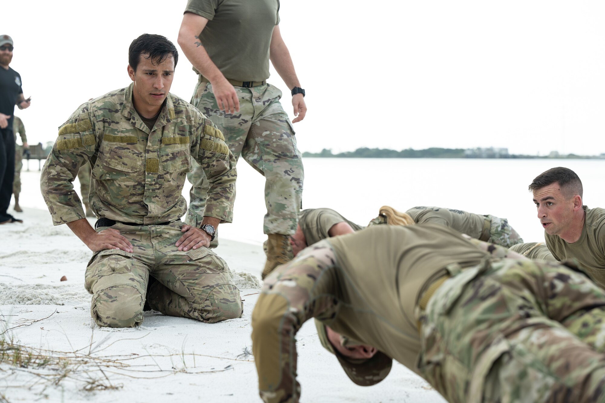U.S. Air Force Airmen assigned to the 1st Special Operation Civil Engineer Squadron, perform exercises during a ruck march at Hurlburt Field, Fla., April 28, 2023.