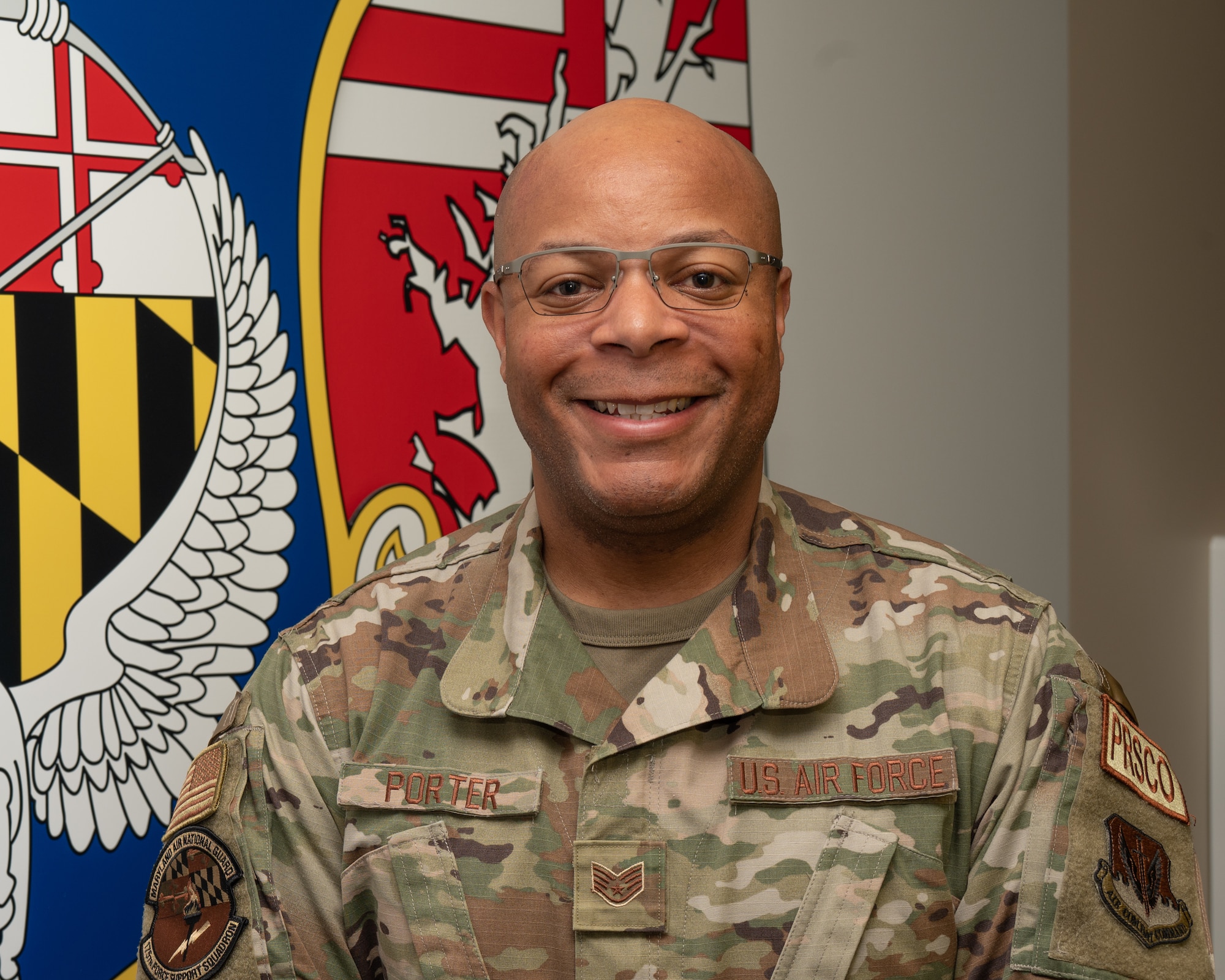 Maryland Air National Guard Staff Sgt. Lamar Porter, a personnelist assigned to the 175th Mission Support Group and 175th Wing Spark Cell member, poses for a photo at the 175th Wing Headquarters building, Martin State Air National Guard Base, Maryland, May 7, 2023.