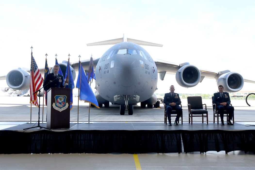 U.S. Air Force Col. Joseph H. Stepp IV, 145th Airlift Wing (AW) commander, gives thanks during the 145 AW Change of Command Ceremony held at the North Carolina Air National Guard Base, Charlotte Douglas International Airport, May 7, 2023. Col. Stepp relinquishes command to Col. Marshal T. Haylett, previously the 145th Operations Group commander.