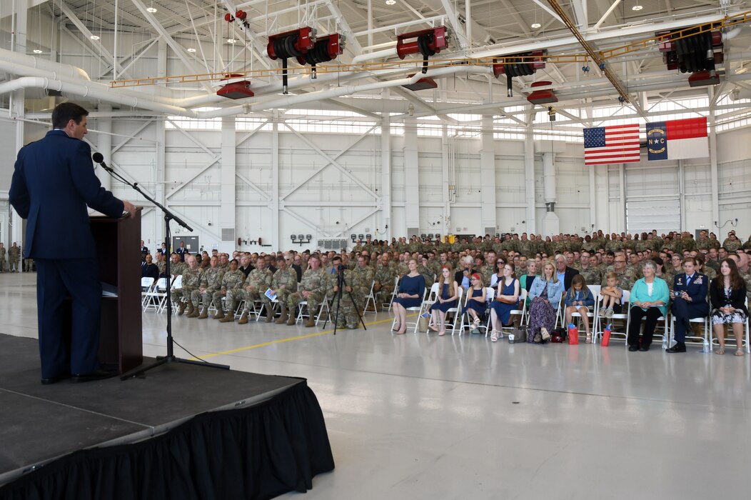 Col. Marshal T. Haylett, 145th Airlift Wing (AW) commander, thanks friends and family for their support and provides insight for the future of the Wing during the 145 AW Change of Command Ceremony held at the North Carolina Air National Guard Base, Charlotte Douglas International Airport, May 7, 2023.