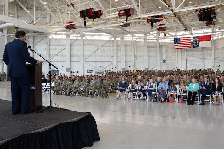 Col. Marshal T. Haylett, 145th Airlift Wing (AW) commander, thanks friends and family for their support and provides insight for the future of the Wing during the 145 AW Change of Command Ceremony held at the North Carolina Air National Guard Base, Charlotte Douglas International Airport, May 7, 2023.