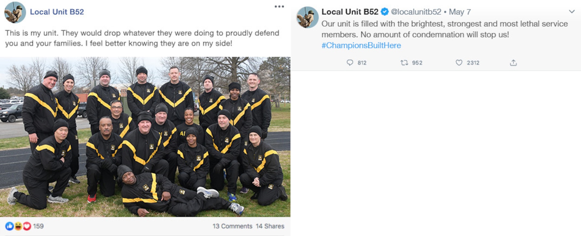 Image of a positive Tweet from a local unit with a picture of multiple service members posing for a picture. There is another image of an additional Tweet with another response.