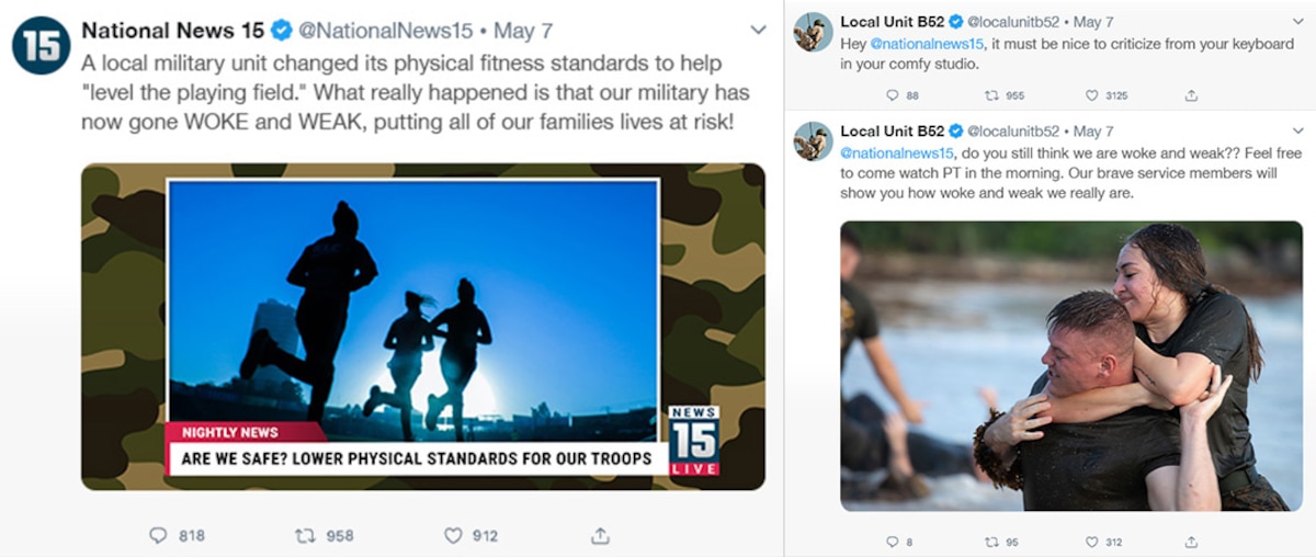 Image of a tweet from a local military unit and negative responses.