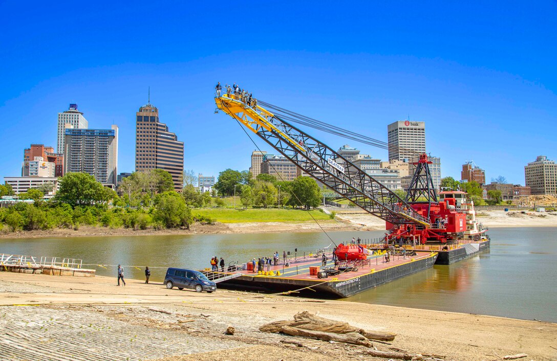 The U.S. Army Corps of Engineers Memphis District officially launched its new, $25.5 million Bank Grading Unit (BGU), “Grader 1”, with a May 2 christening ceremony on a boat ramp located in downtown Memphis, Tennessee.