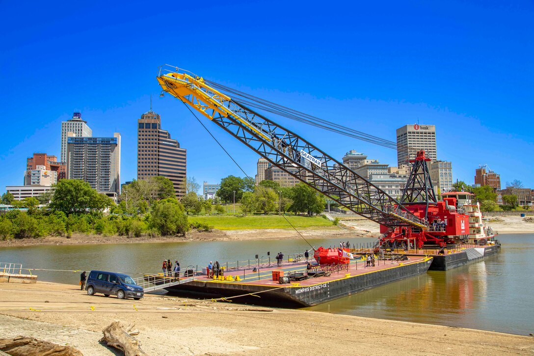 The U.S. Army Corps of Engineers Memphis District officially launched its new, $25.5 million Bank Grading Unit (BGU), “Grader 1”, with a May 2 christening ceremony on a boat ramp located in downtown Memphis, Tennessee.