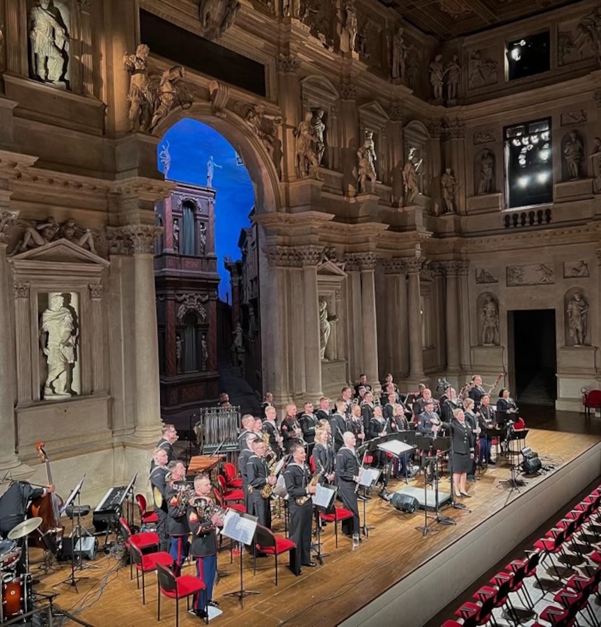 U.S. Sailors and Marines with the U.S. Naval Forces Europe and Africa Band perform at the historic Teatro Olimpico in Vicenza, Italy, April 18, 2023. U.S. Naval Forces Europe and Africa Band toured northern Italy to perform multiple concerts and ceremonies in Bassano Del Grappa, Longarone, Belluno, and Vicenza. (Courtesy photo provided by Sgt. Liam D. Guin.)