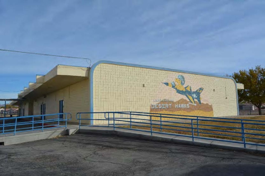 School mascot mural and part of building, 2017.