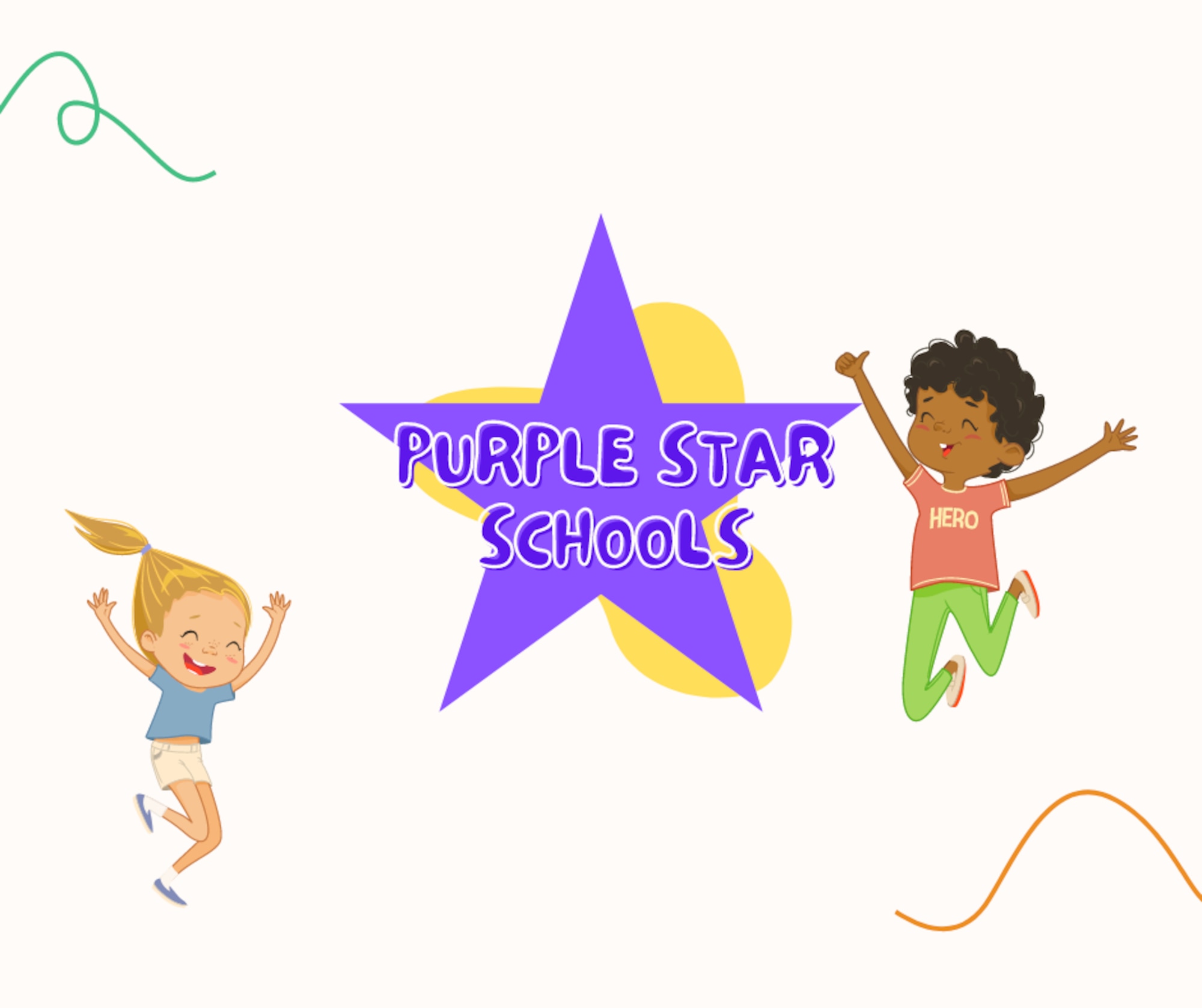 Graphic with purple star in the middle with text that reads Purple Star Schools. There are two children jumping on either side of the star.