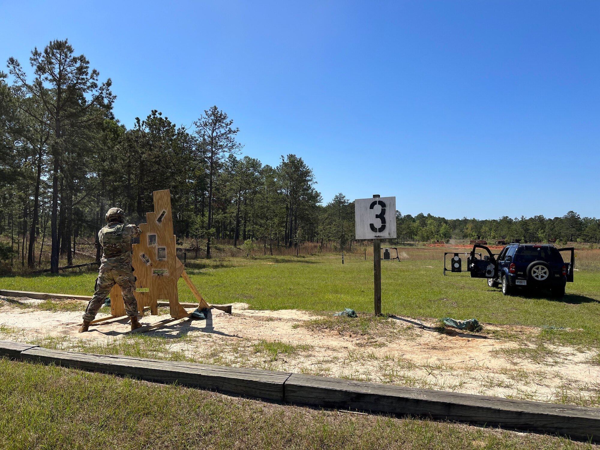 A U.S. Army Soldier with the 1st Security Force Assistance Brigade demonstrates proper vehicle egress under fire procedure at Fort Benning, Georgia, April 19, 2023.
