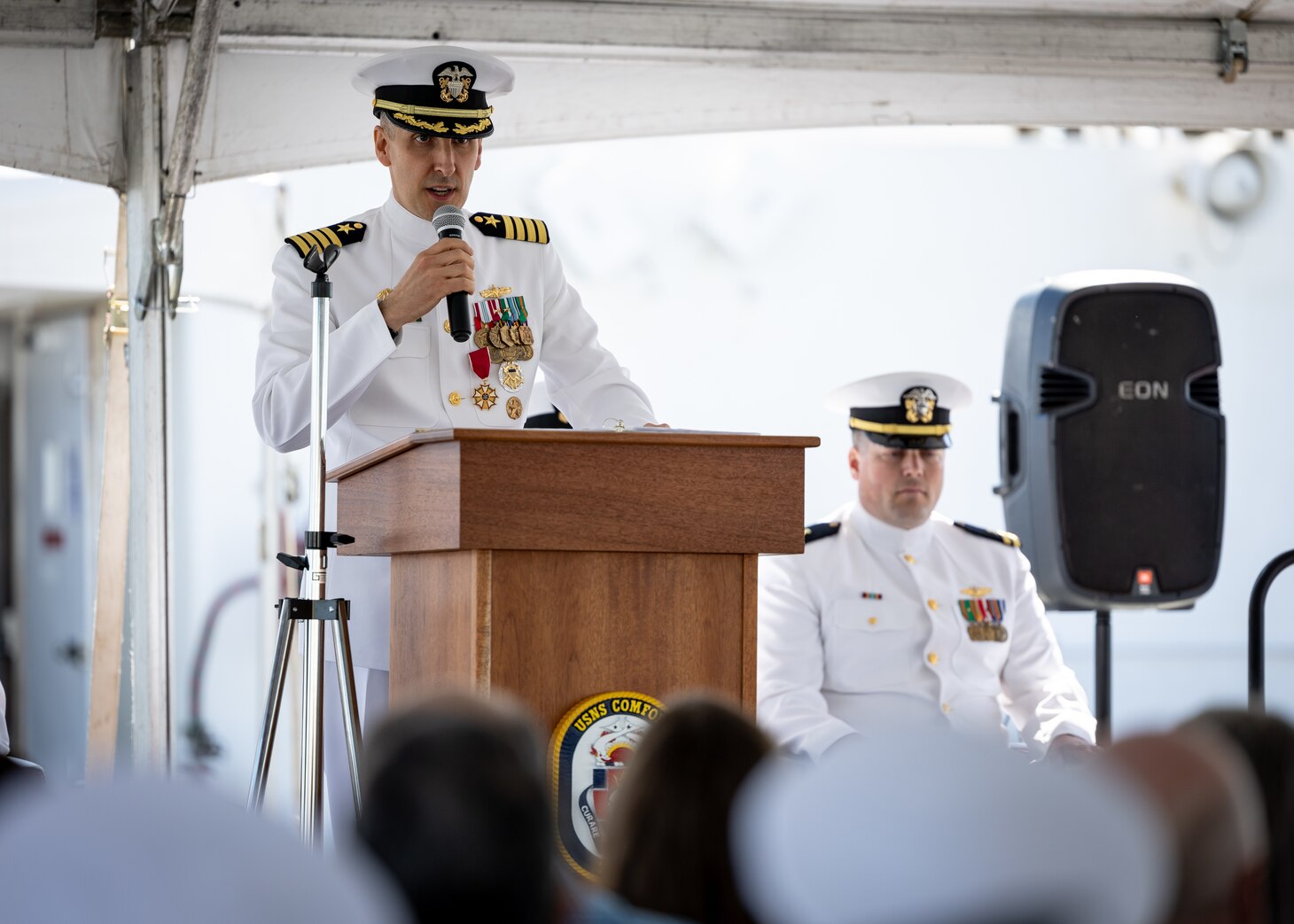 Military Sealift Command’s leadership in the Atlantic changed hands, when Navy Capt. James A. Murdock relieved Navy Capt. Daniel E. Broadhurst as commander of Norfolk-based Military Sealift Command Atlantic (MSC Atlantic) during a change of command ceremony held aboard Navy hospital ship USNS Comfort (T-AH-20) in Naval Station Norfolk April 13, 2023. Pictured above is Broadhurst who will assume duties as the chief of staff for MSC headquarters in Norfolk.