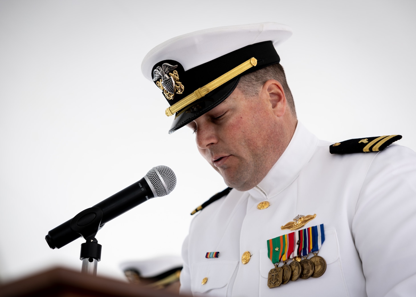 Military Sealift Command’s leadership in the Atlantic changed hands, when Navy Capt. James A. Murdock relieved Navy Capt. Daniel E. Broadhurst as commander of Norfolk-based Military Sealift Command Atlantic (MSC Atlantic) during a change of command ceremony held aboard Navy hospital ship USNS Comfort (T-AH-20) in Naval Station Norfolk April 13, 2023. Pictured above is LT Chad Goddard, USN Chaplain Corp; he gave the invocation at the ceremony.