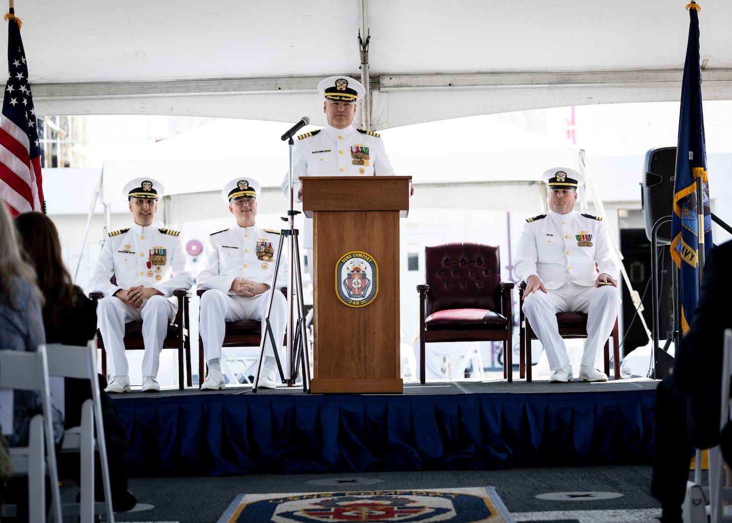 Military Sealift Command’s leadership in the Atlantic changed hands, when Navy Capt. James A. Murdock relieved Navy Capt. Daniel E. Broadhurst as commander of Norfolk-based Military Sealift Command Atlantic (MSC Atlantic) during a change of command ceremony held aboard Navy hospital ship USNS Comfort (T-AH-20) in Naval Station Norfolk April 13, 2023. Pictured above is U.S. Navy Captain James A. Murdock.