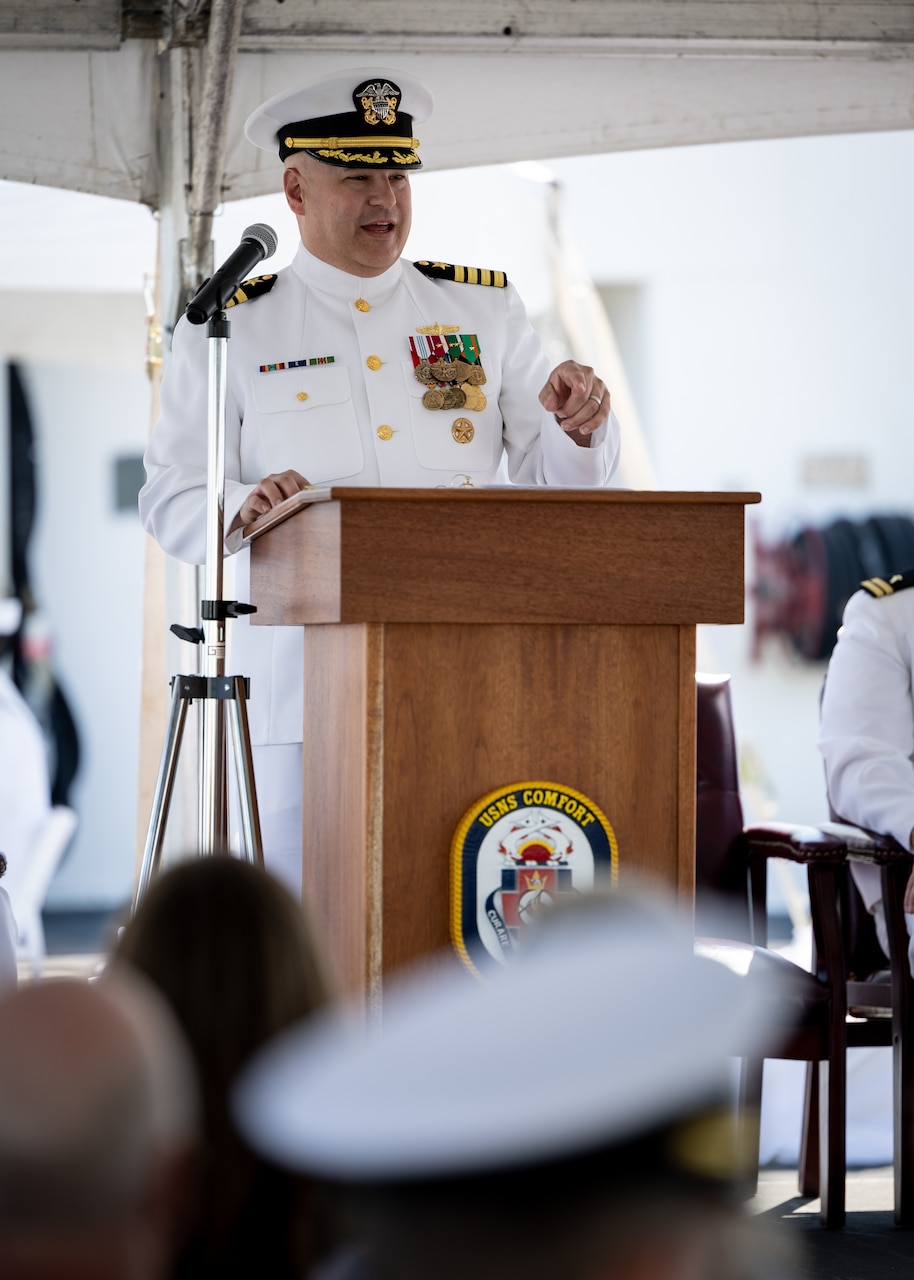 Military Sealift Command’s leadership in the Atlantic changed hands, when Navy Capt. James A. Murdock relieved Navy Capt. Daniel E. Broadhurst as commander of Norfolk-based Military Sealift Command Atlantic (MSC Atlantic) during a change of command ceremony held aboard Navy hospital ship USNS Comfort (T-AH-20) in Naval Station Norfolk April 13, 2023. Pictured above is U.S. Navy Captain James A. Murdock.