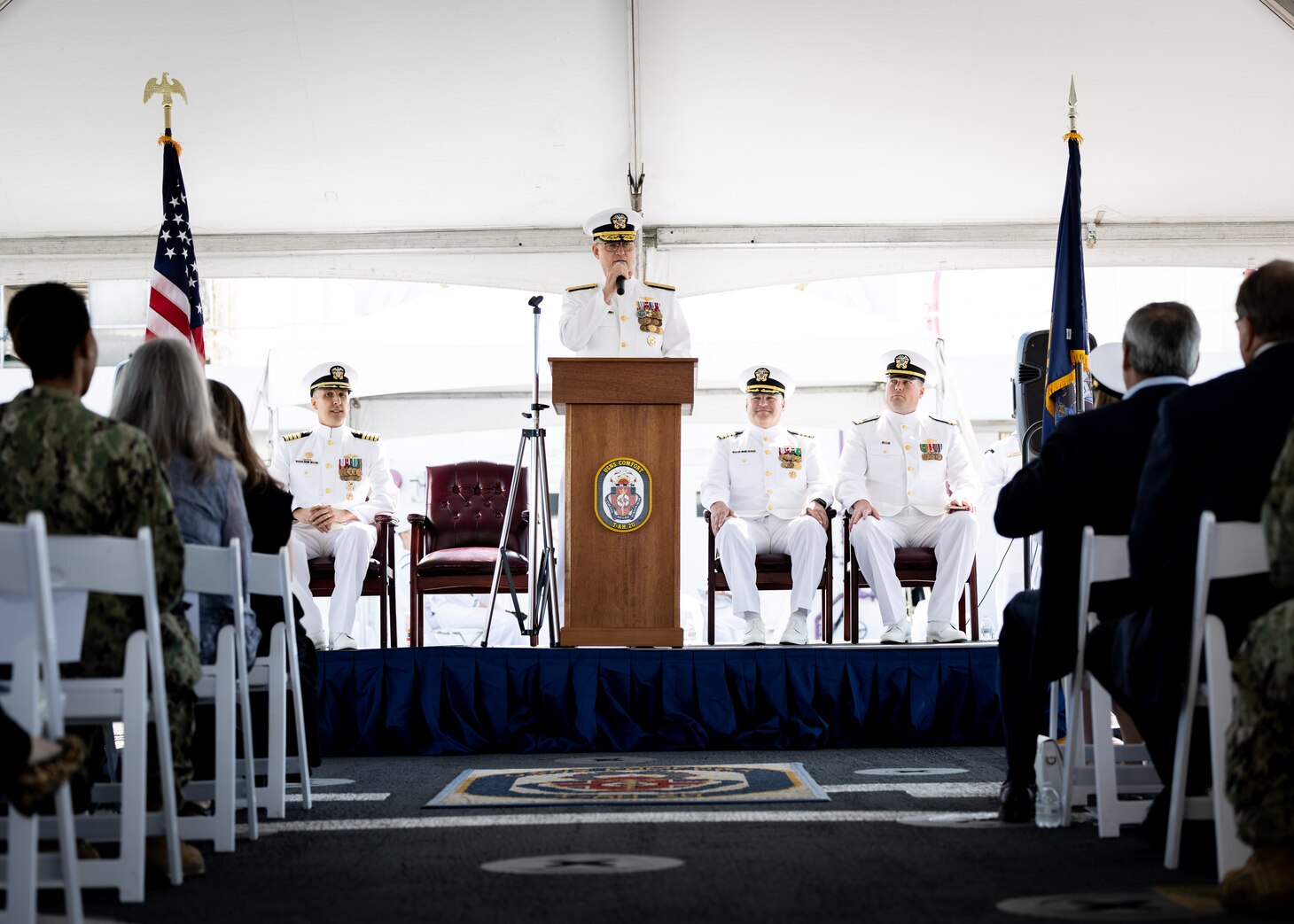 Military Sealift Command’s leadership in the Atlantic changed hands, when Navy Capt. James A. Murdock relieved Navy Capt. Daniel E. Broadhurst as commander of Norfolk-based Military Sealift Command Atlantic (MSC Atlantic) during a change of command ceremony held aboard Navy hospital ship USNS Comfort (T-AH-20) in Naval Station Norfolk April 13, 2023. Pictured at the podium is MSC Commander Rear Adm. Michael A. Wettlaufer.