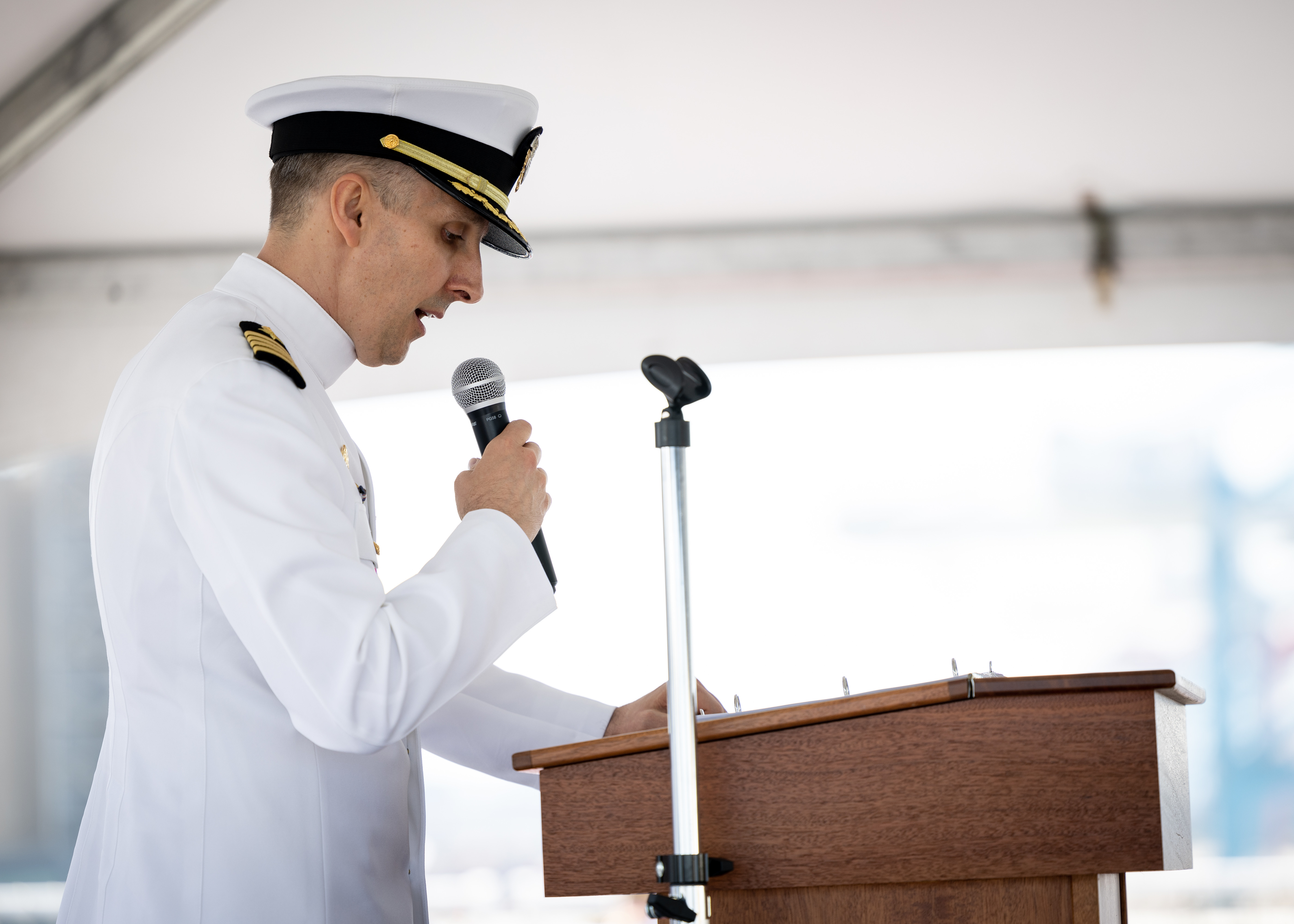 Military Sealift Command’s leadership in the Atlantic changed hands, when Navy Capt. James A. Murdock relieved Navy Capt. Daniel E. Broadhurst as commander of Norfolk-based Military Sealift Command Atlantic (MSC Atlantic) during a change of command ceremony held aboard Navy hospital ship USNS Comfort (T-AH-20) in Naval Station Norfolk April 13, 2023. Pictured above is Broadhurst who will assume duties as the chief of staff for MSC headquarters in Norfolk.